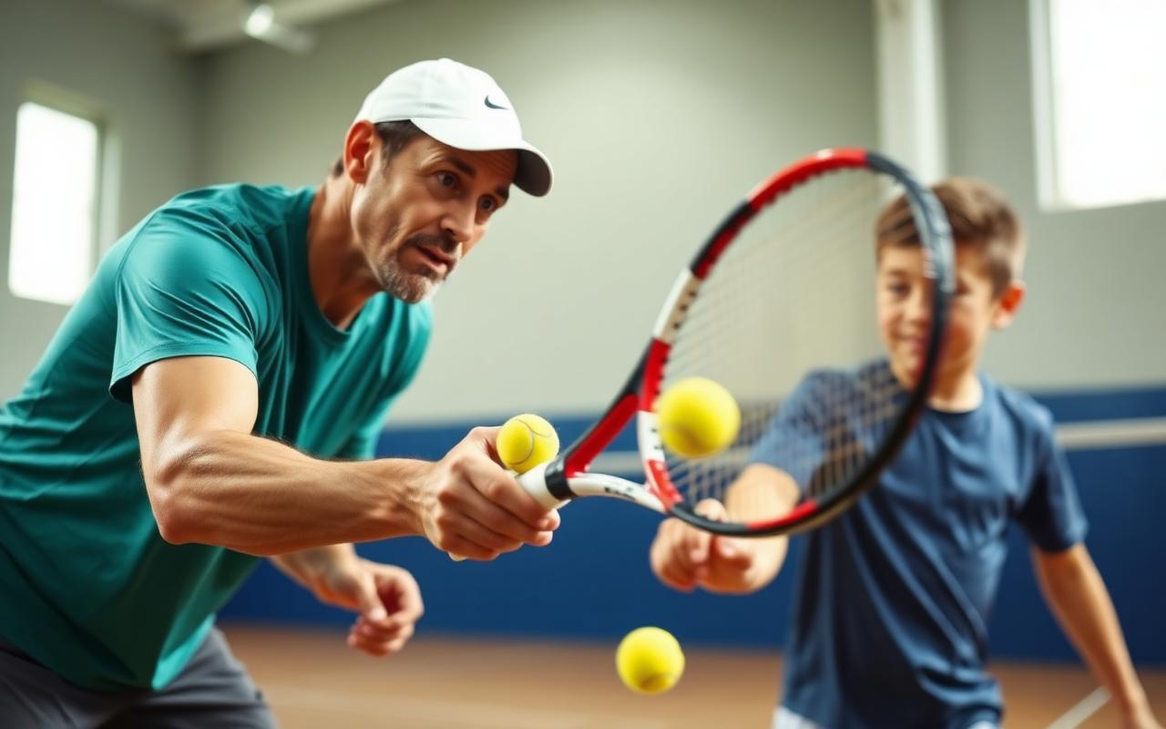 Treener söödab tennisepalle noorele mängijale sisetennisehallis