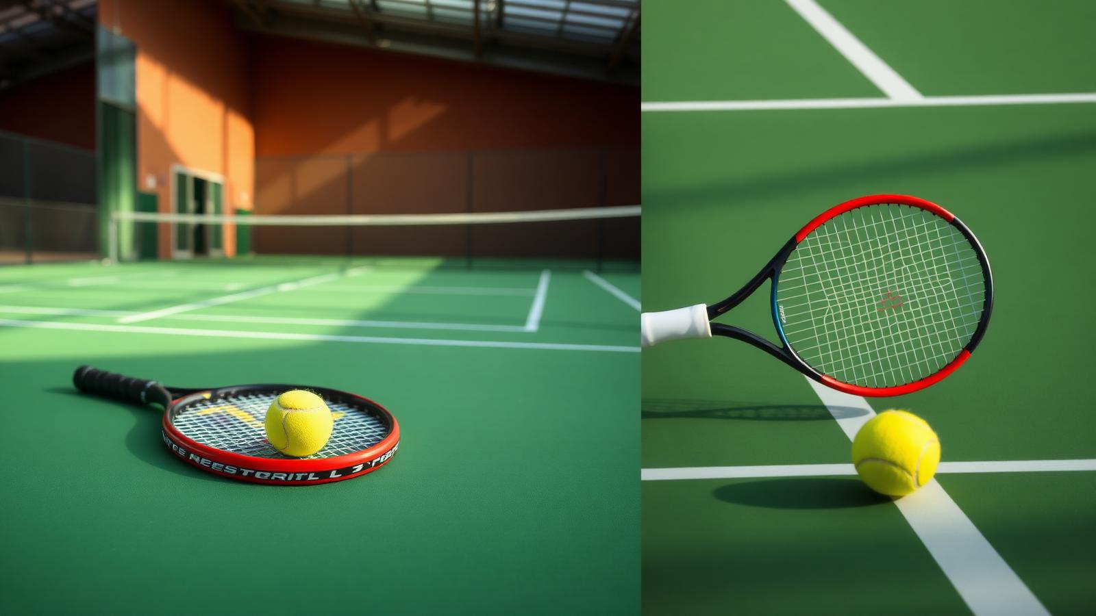 Padeli- ja tennisväljak kõrvuti reketite ja pallidega